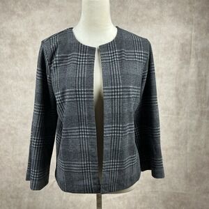 J Jill Plaid Open Front Blazer Jacket Women's Medium Gray Black Collarless
